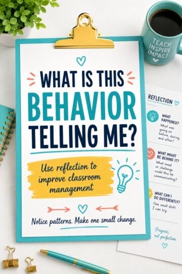 When Classroom Management Feels Off: How to Reflect Before You React 4 A clipboard holds a sign that reads, “What is this behavior telling me? Use reflection to address a management challenge.” Nearby are a coffee mug, notepad, pencil, and a reflection guide with prompts and a heart symbol.