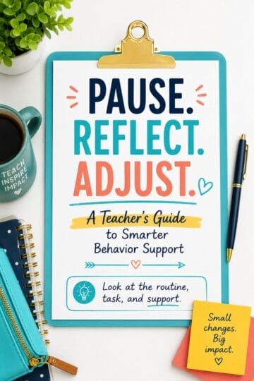 When Classroom Management Feels Off: How to Reflect Before You React 3 A clipboard with a paper that reads, Pause. Reflect. Adjust. A Teacher’s Guide to Smarter Behavior Support—helping tackle any management challenge. Surrounding items include a mug, pen, plant, and sticky notes for added inspiration.