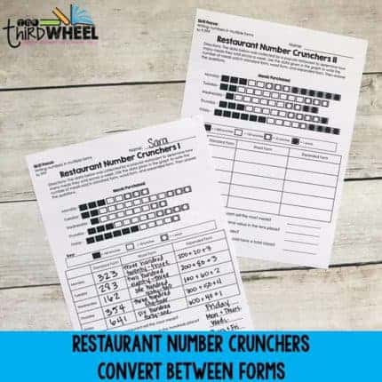differentiated place value worksheets - restaurant number crunchers