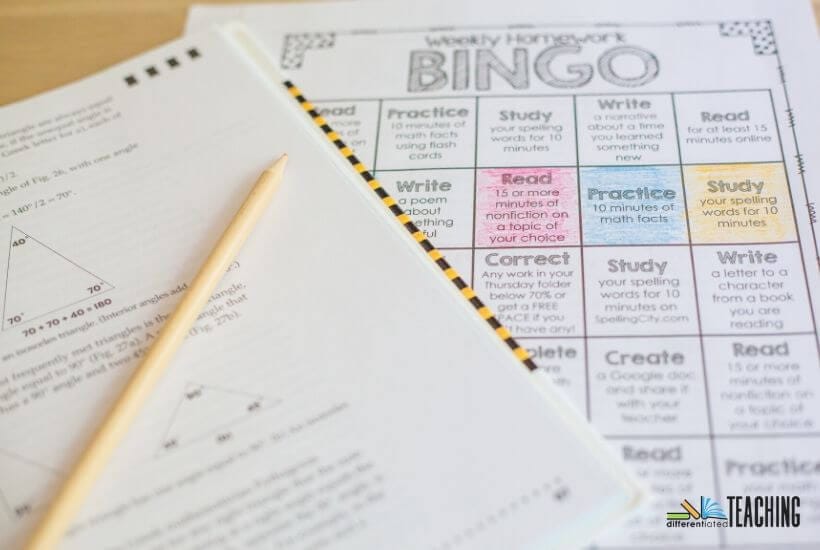 Differentiated homework bingo board
