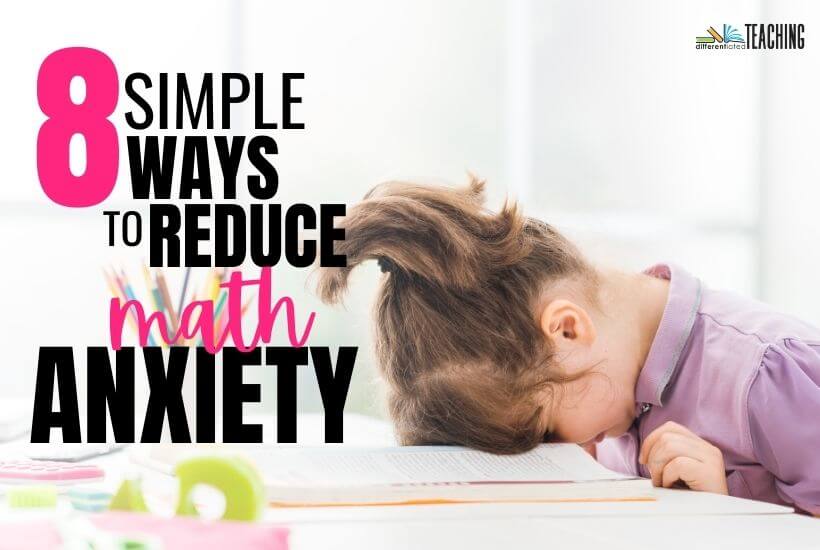 Student with math anxiety putting head on mathematics book
