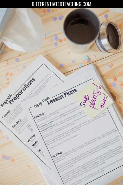 A tabletop with emergency sub plans, lesson plan and preparation sheets, a binder, a coffee cup, scattered confetti, tissues, and a sticky note reading sub plans! thanks! attached to one of the papers.
