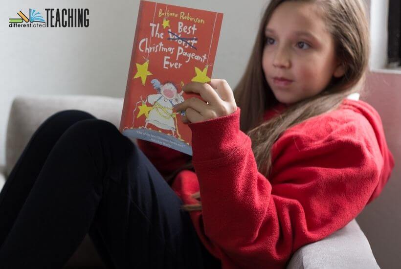 5 Things to Teach in Your The Best Christmas Pageant Ever Literature Unit 3 Girl reading The Best Christmas Pageant Ever