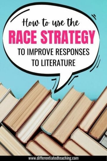 books on blue background with speech bubble that says how to use the RACE strategy to improve responses to literature