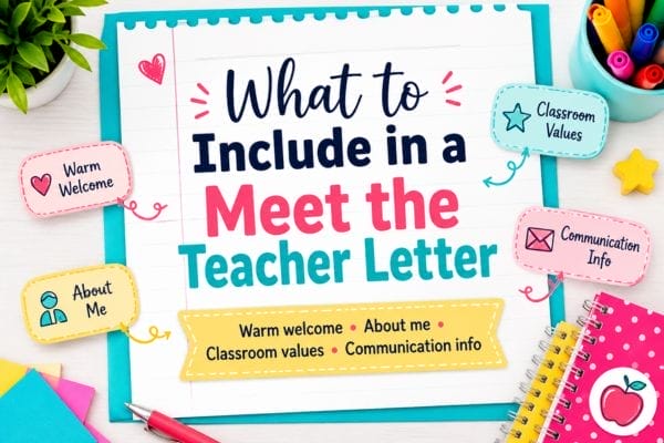 How to Write a Meet the Teacher Letter Parents Actually Want to Read 2 A colorful flat lay with stationery and a notepad displaying text: “What to include in a Meet the Teacher letter template: Warm welcome, About me, Classroom values, Communication info.”.