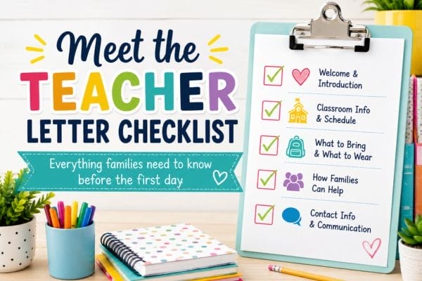 How to Write a Meet the Teacher Letter Parents Actually Want to Read 3 A colorful Meet the Teacher Letter Checklist poster beside school supplies and a clipboard with a checklist for: Welcome, Classroom Info, What to Bring, Family Help, and Contact Info—perfect for your teacher introduction letter to parents.