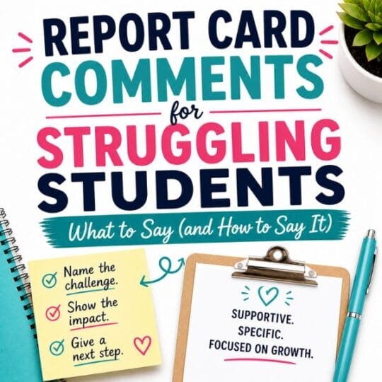 An image with bold text: Report Card Comments for Struggling Students: What to Say (and How to Say It). A note lists: Name the challenge, Show the impact, Give a next step. A clipboard says, Supportive report card remarks. Specific. Focused on growth.