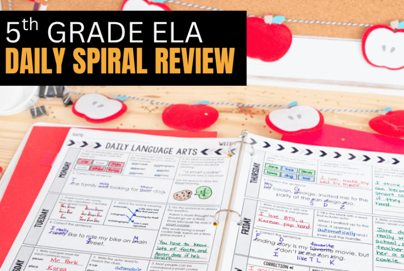 5th grade language spiral review pdf printed in open binder with text overlay 