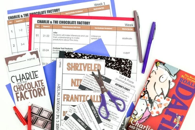 Charlie and the Chocolate Factory Novel Study: Activities, Lesson Ideas, and Teaching Resources 1 Assorted Charlie and the Chocolate Factory-themed study materials, perfect for a charlie & the chocolate factory novel study, including worksheets, vocabulary cards, scissors, pens, and Roald Dahl's classic spread out on a white surface.