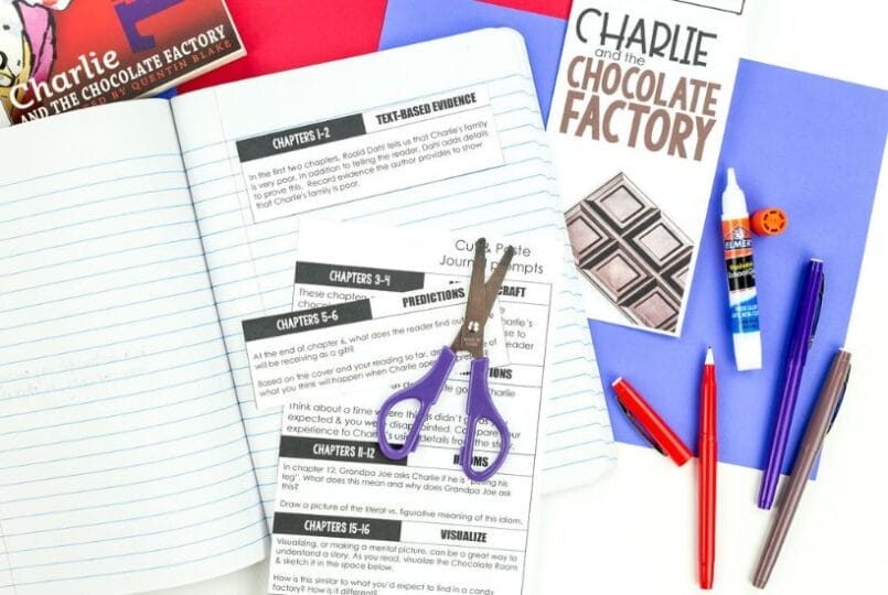 Charlie and the Chocolate Factory Novel Study: Activities, Lesson Ideas, and Teaching Resources 7 An open notebook, worksheets, scissors, pens, glue, and a copy of Charlie and the Chocolate Factory are arranged on a white surface with colored paper, hinting at a creative Charlie & the Chocolate Factory novel study or literacy activity.