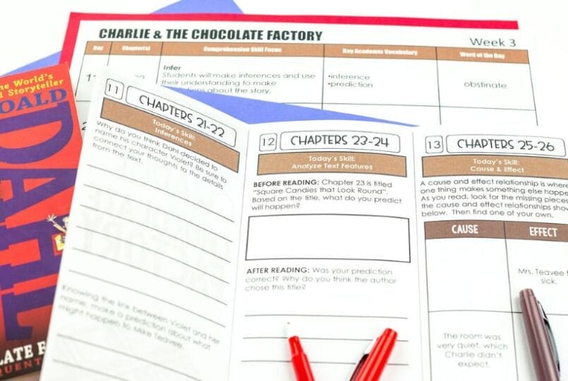 Charlie and the Chocolate Factory Novel Study: Activities, Lesson Ideas, and Teaching Resources 4 A close-up of a Charlie & the Chocolate Factory novel study worksheet with sections for chapters, reading skills, predictions, and comprehension. Part of the book cover and two colored pencils are also visible.
