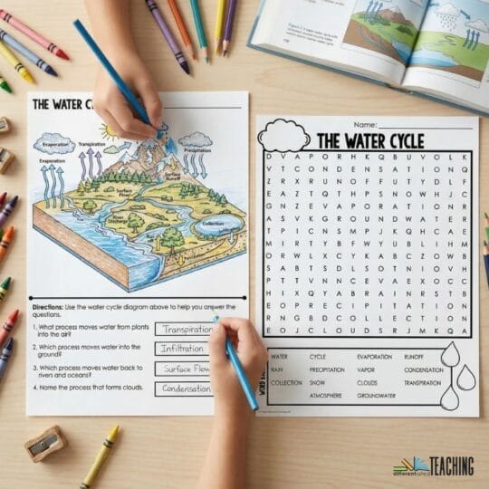 Two children color and complete worksheets about the water cycle, exploring a labeled diagram and water cycle vocabulary in a word search. Crayons, colored pencils, and an open book are spread out on the wooden table.