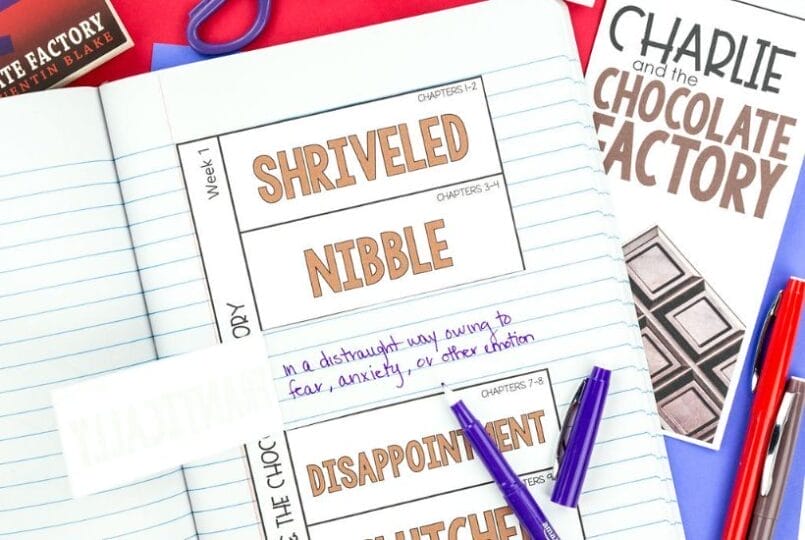 Charlie and the Chocolate Factory Novel Study: Activities, Lesson Ideas, and Teaching Resources 8 An open notebook with vocabulary cards—SHRIVELED, NIBBLE, DISAPPOINTMENT, WITCHES—sits among pens, a highlighter, scissors, and a Charlie & the Chocolate Factory novel study book.