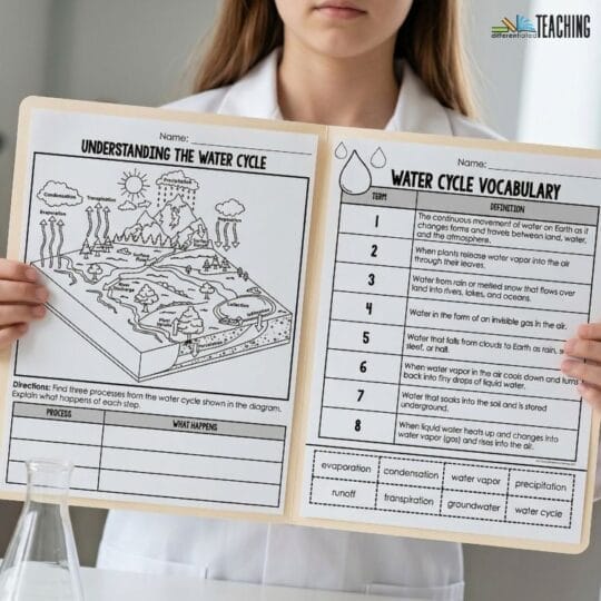 A person holds an open worksheet featuring a water cycle diagram on the left and a detailed water cycle vocabulary list with definitions on the right, along with drawings, charts, and fill-in-the-blank sections.