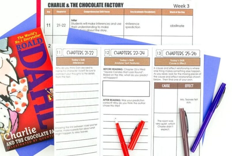 Charlie and the Chocolate Factory Novel Study: Activities, Lesson Ideas, and Teaching Resources 6 A copy of Charlie and the Chocolate Factory by Roald Dahl sits beside worksheets for chapters 21–26, featuring reading strategies, vocabulary, colorful pens, and resources ideal for a charlie & the chocolate factory novel study.
