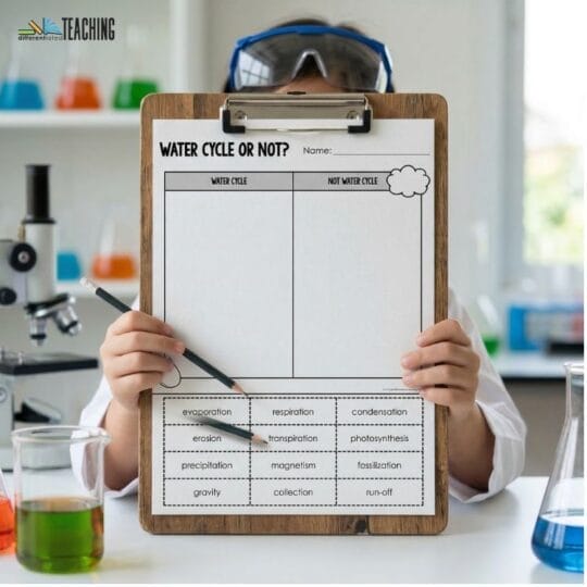 A child in a lab coat and goggles holds a clipboard titled Water Cycle or Not? in a science classroom, ready to sort water cycle vocabulary from the worksheet, surrounded by lab equipment and colorful liquids.