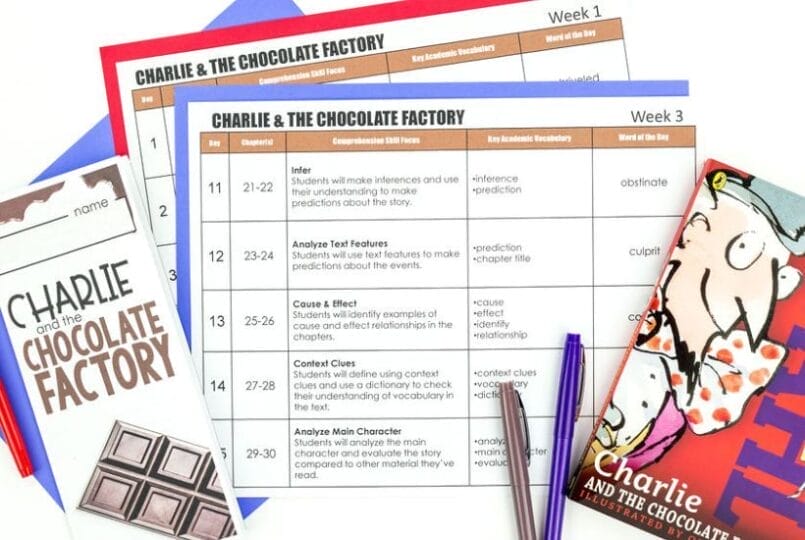 Charlie and the Chocolate Factory Novel Study: Activities, Lesson Ideas, and Teaching Resources 5 Two Charlie and the Chocolate Factory worksheets are stacked with a book, a bookmark, and pens. The worksheets detail reading activities and vocabulary for different weeks of the charlie & the chocolate factory novel study.
