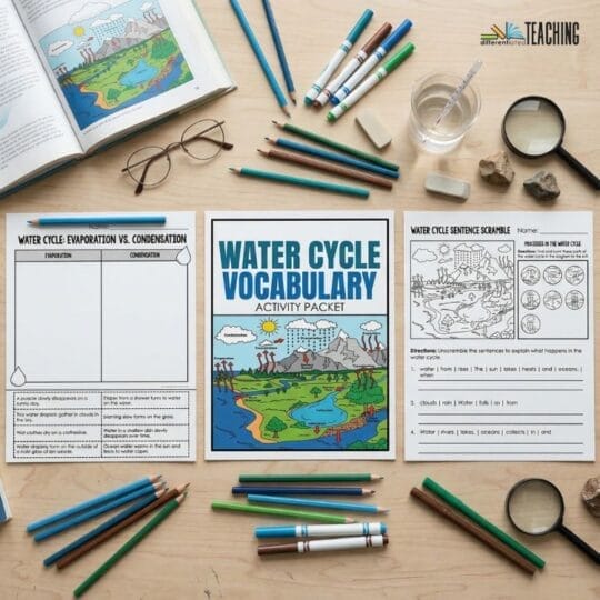 A desk displays a water cycle activity packet, worksheets on evaporation vs. condensation, a water cycle vocabulary coloring page, markers, colored pencils, crayons, a glass of water, and an open book with a water cycle illustration.