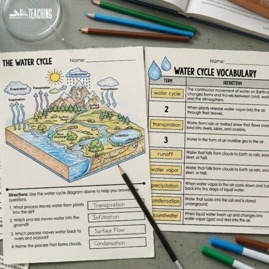 Two worksheets about the water cycle are on a desk with colored pencils. One shows a labeled diagram; the other features water cycle vocabulary terms and definitions. An open book and notebook are also visible.