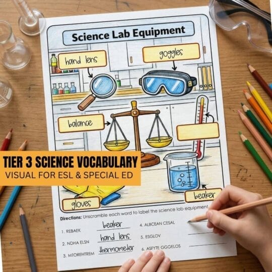 A worksheet titled Science Lab Equipment introduces science vocabulary with labeled drawings of a hand lens, goggles, balance, gloves, and beaker. Colored pencils surround the sheet as a hand writes answers for engaging vocabulary activities.