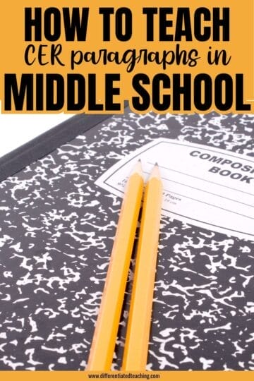 A black and white composition notebook and two yellow pencils on a white surface. Text above reads: How to teach CER paragraphs in middle school, a key step in effective middle school essay writing instruction.
