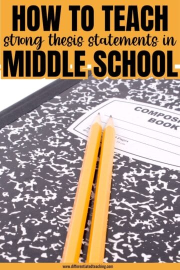 A black-and-white composition notebook and two yellow pencils are shown beneath text that reads, How to teach strong thesis statements in middle school, perfect for teaching essay writing in middle school or introducing the 5 paragraph essay format.
