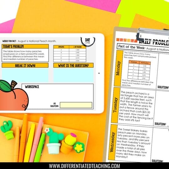 A tablet and clipboard display August peach-themed worksheets focusing on middle school math word problem strategies. Nearby are colorful folders, decorative cacti, a pencil, and highlighters arranged on a bright yellow surface.