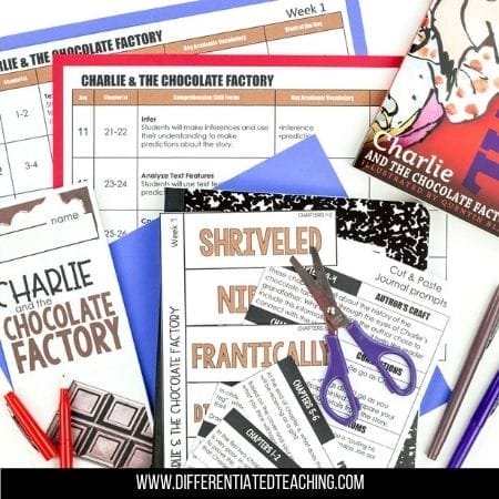 A flat lay of Charlie and the Chocolate Factory-themed teaching materials, ideal for a charlie & the chocolate factory novel study, including worksheets, a notebook, booklets, purple scissors, red pen, and the book itself on a white surface.