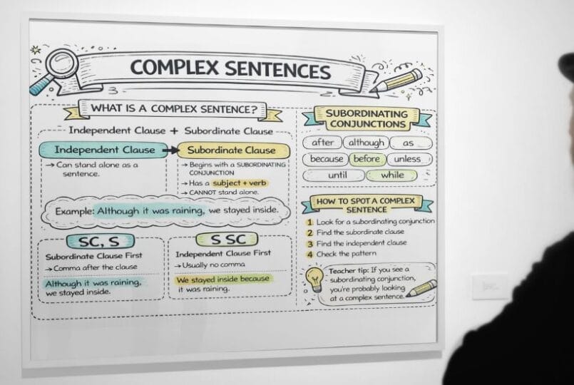 A poster about complex sentences, featuring definitions, examples, and lists of subordinating conjunctions. It explains independent and subordinate clauses, provides tips to spot complex sentences, and shows how they improve writing by reducing choppy student writing.