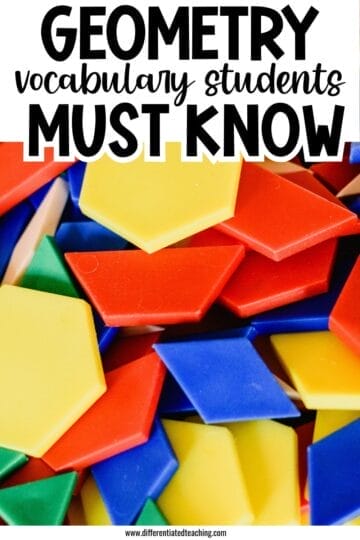 A pile of colorful geometric pattern blocks, including hexagons, triangles, squares, and trapezoids, beneath the bold text: Geometry basics students must know—perfect for struggling learners using hands-on approaches.