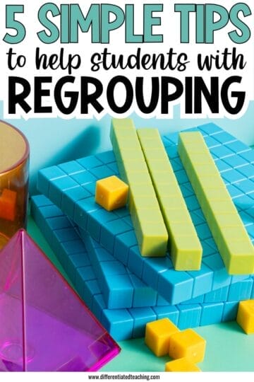 Math manipulatives, including blue base ten blocks, yellow cubes, and clear geometric shapes, are arranged under text that reads: 5 Simple Tips for double digit subtraction with regrouping.