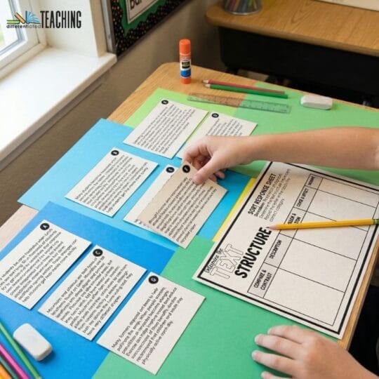 A Simple Week of Text Structure Activities & Lessons That Actually Stick 2 A student sits at a desk sorting printed cards with text, arranging them on a blue folder next to a worksheet titled Text Structure—clearly engaged in text structure lessons. School supplies like pencils and glue are also on the desk.