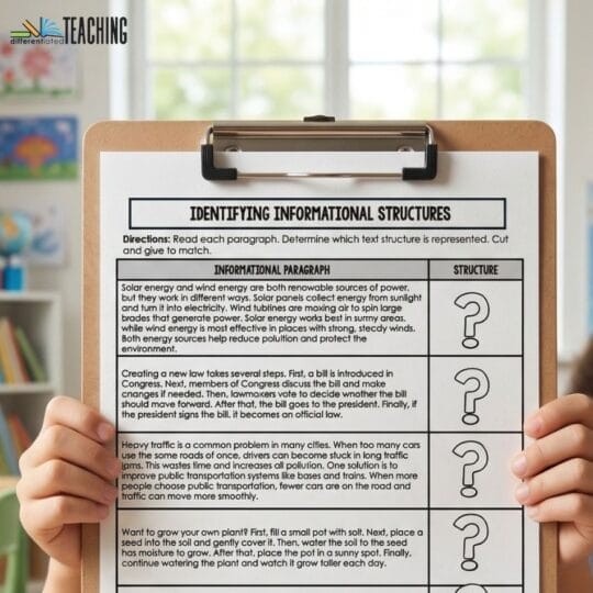A Simple Week of Text Structure Activities & Lessons That Actually Stick 3 A child holds a clipboard with a worksheet titled Identifying Informational Structures, perfect for simple text structure lessons. The worksheet features paragraphs and question marks, while shelves of books fill the classroom background.