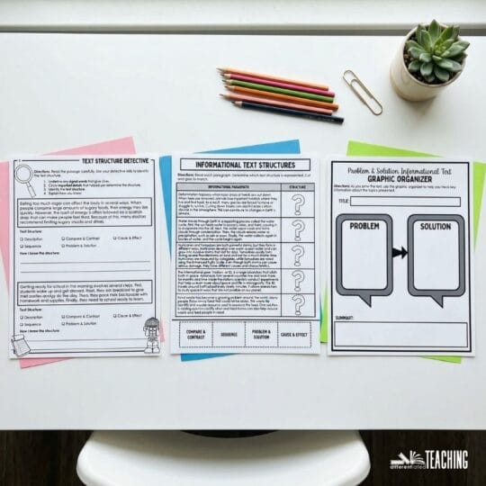 A Simple Week of Text Structure Activities & Lessons That Actually Stick 4 Three colorful worksheets on a white table with four colored pencils, a paperclip, and a small potted plant. Perfect for reading comprehension or text structure lessons, these worksheets use graphic organizers for a simple week of learning.