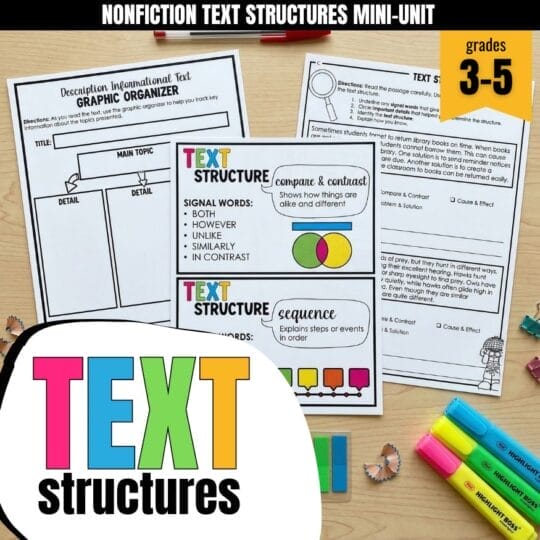 Nonfiction text structures worksheets for grades 3-5 are displayed on a wooden table with colorful paperclips, pencils, and a sticker that reads TEXT structures—perfect for simple text structure lessons or a week of lessons in your classroom.