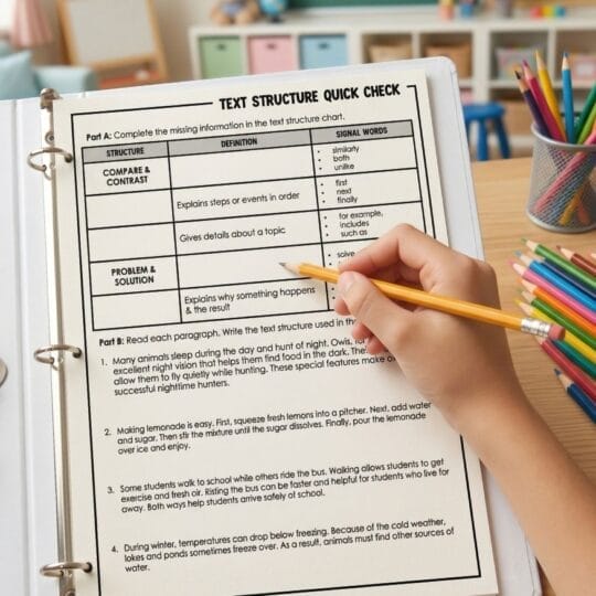A Simple Week of Text Structure Activities & Lessons That Actually Stick 5 A student holds a pencil and fills out a worksheet titled Text Structure Quick Check in a binder, part of their Text Structure Lessons. Colored pencils and classroom decor are visible in the background.