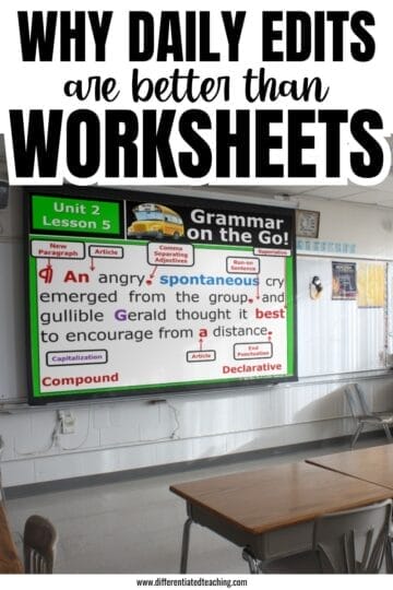 Classroom with empty desks facing a whiteboard displaying a grammar lesson about sentence editing. The heading above reads, “Why daily grammar practice middle school is better than worksheets.”.