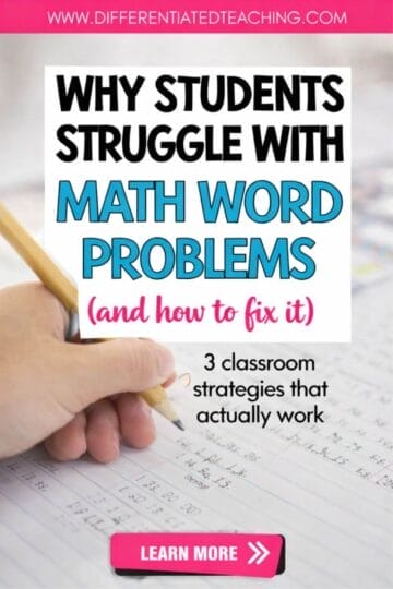A hand writes on a math worksheet with a pencil. Text reads: Why students struggle with middle school word problems (and how to fix it). 3 classroom math problem solving strategies that actually work. A pink Learn More button is at the bottom.