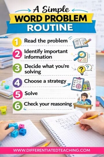 Step-by-step guide for solving middle school word problems, illustrated with icons: read the problem, identify information, decide what to solve, choose a strategy, solve, and check reasoning. A hand writes math in a notebook.