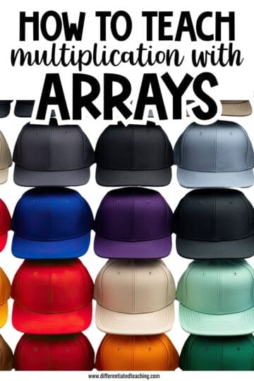 How to Teach Multiplication Concepts Before Jumping to Facts 5 A variety of colored hats arranged in rows and columns illustrates an array, providing a visual way to teach multiplication concepts. Text above reads, How to teach multiplication with arrays.