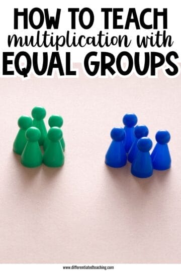 How to Teach Multiplication Concepts Before Jumping to Facts 3 Two groups of colored game pieces, one with six green pieces and one with five blue pieces, on a light surface. Text above reads, How to teach multiplication concepts with equal groups.