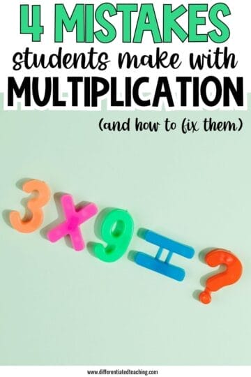 How to Teach Multiplication Concepts Before Jumping to Facts 8 Colorful magnetic numbers and symbols (3 x 9 = ?) are arranged on a light green background. Above them, the text reads: 4 mistakes students make with multiplication (and how to teach multiplication concepts effectively).