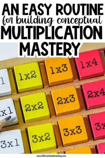 How to Teach Multiplication Concepts Before Jumping to Facts 9 Colorful wooden blocks with multiplication facts (1x2, 1x3, 1x4, 2x1, 2x2, 2x3, 2x4, 3x1) help teach multiplication concepts, with text above reading: An easy routine for building conceptual multiplication mastery.