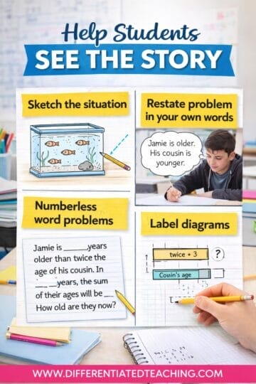 Educational poster titled “Help Students See the Story” helps with middle school word problems. Sections include: sketch the situation (fish tank drawing), restate problem (boy thinking), word problems example, and label diagrams (math equation).