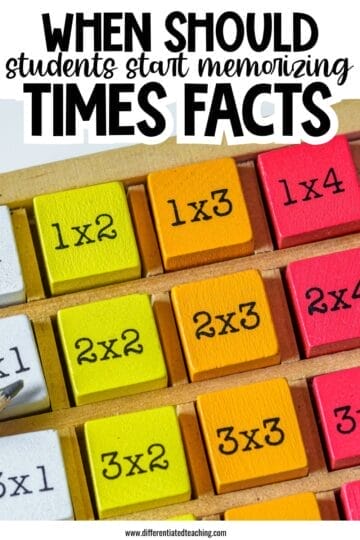 How to Teach Multiplication Concepts Before Jumping to Facts 10 Colorful multiplication fact tiles, like 1x2, 1x3, and 2x4, arranged in a grid. Text above asks, When should you teach multiplication concepts and have students start memorizing times facts?.