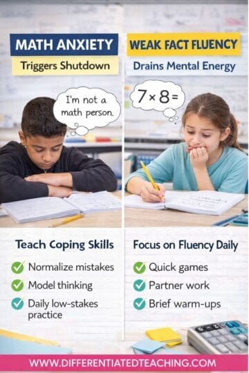 Two children sit at desks doing math; the boy looks stressed with a speech bubble saying, I'm not a math person. The girl works on 7 x 8 =. Tips for coping with math anxiety and why middle schoolers struggle with word problems are listed.