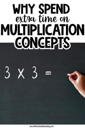 How to Teach Multiplication Concepts Before Jumping to Facts 2 A hand writes 3 x 3 = with white chalk on a blackboard. Above, bold text reads: Why spend extra time to teach multiplication concepts?.