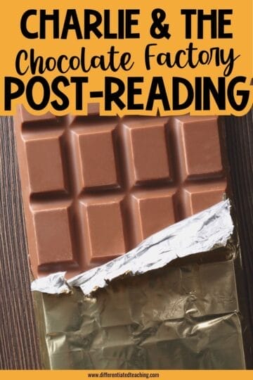 Charlie and the Chocolate Factory Novel Study: Activities, Lesson Ideas, and Teaching Resources 3 A partially unwrapped chocolate bar sits on a wooden surface. Above it, bold text reads, Charlie & The Chocolate Factory Post-Reading—a perfect prompt for your next Charlie & the Chocolate Factory novel study.