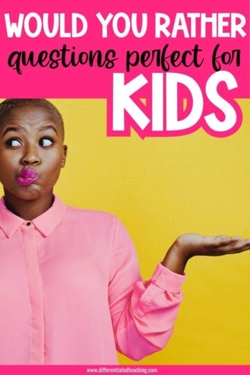 A person wearing a pink shirt stands in front of a yellow background, looking to the side while holding one hand up. Text above reads, Would you rather questions for kids—perfect for sparking fun conversations.