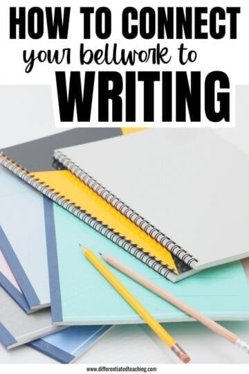 A stack of colorful notebooks, spiral-bound and closed, with two sharpened pencils on top. Bold text above reads, How to connect your grammar bell ringers middle school to writing.